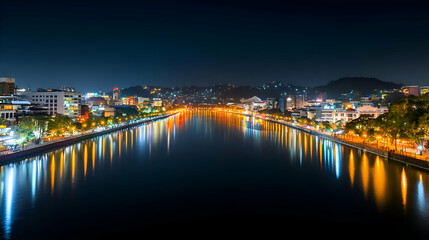 Obraz premium Night Cityscape with River Reflections and Bright Lights