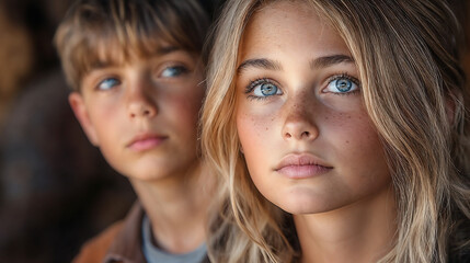Fototapeta premium Brother and sister with thoughtful expressions in a rustic wooden setting