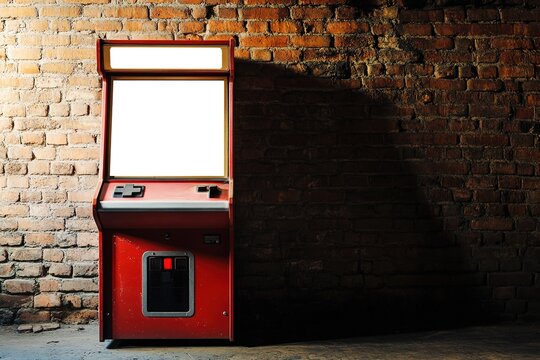 Red arcade machine in dark room with brick wall, spotlight light