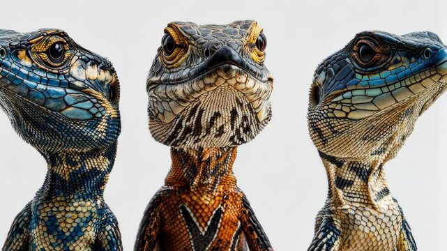 Three colorful lizards exhibit vibrant scales while facing forward in a neutral background showcasing their details and textures