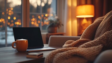 A cozy and modern workspace, MacBook open on a chic desk, latte in a ceramic cup beside it, soft cashmere blanket draped over a reading chair, warm light filtering through a nearby window,