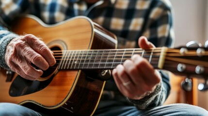 Obraz premium Close-up image of a senior man playing an acoustic guitar, showcasing his wrinkled hands and worn fingernails as he strums chords The warm lighting highlights the wood grain of the guitar and the