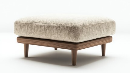 A neutral-toned ottoman with a plush cushion top and wooden legs, isolated on a white background 