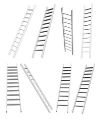 Set of stair. Collection of ladder of  light gray color. View from different angles. Isolated on white background. 3d render