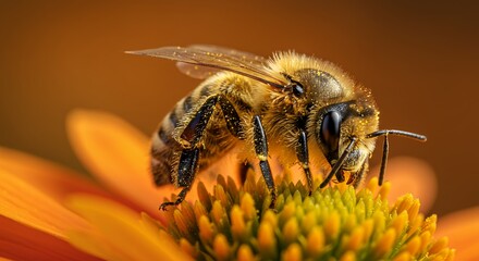 Honeybee collects pollen from an orange and yellow flower