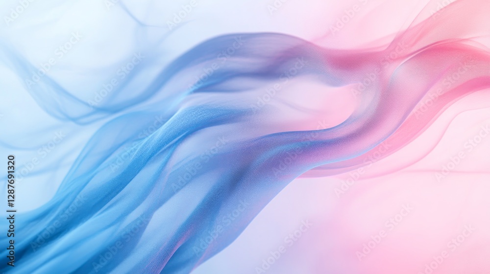 Poster abstract image of flowing pink and blue smoke-like waves on a soft gradient background. modern art a