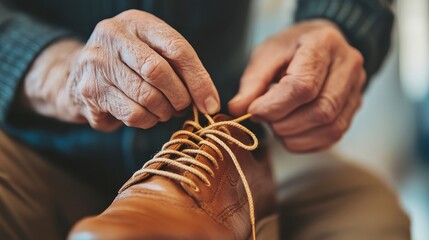 Close-up photograph showing an older man's hands gently tying the shoelaces of a classic brown leather shoe, focusing on detail and emphasizing the timeless act of self-care and independence Evoking