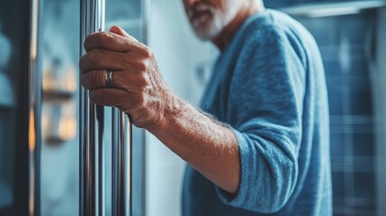 Close-up portrait featuring an older man with gray hair and beard holding onto a silver bar, depicting concepts of support, aging, and accessibility This image showcases the textures of age on his