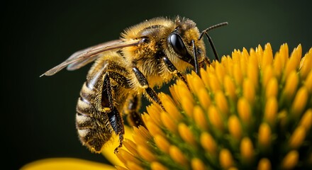 Detailed macro shot depicts a bee pollinating a flower