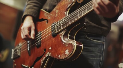 Fototapeta premium Close-up showcasing an aged and well-loved electric bass guitar being played with passion and skill, featuring textured wood grain, worn finish, and expressive hand movements a dynamic musical