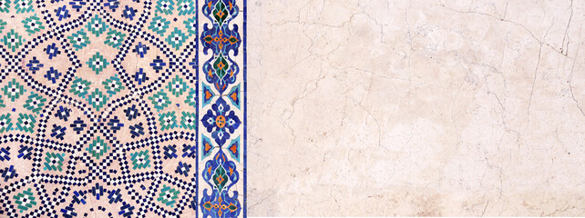 Detail of traditional persian mosaic wall with tile ornament. Horizontal or vertical background with ceramic tile frame. Mock up template. Copy space for text