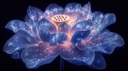 Obraz premium Glowing blue lotus flower shining on a black background, for meditation or spa design