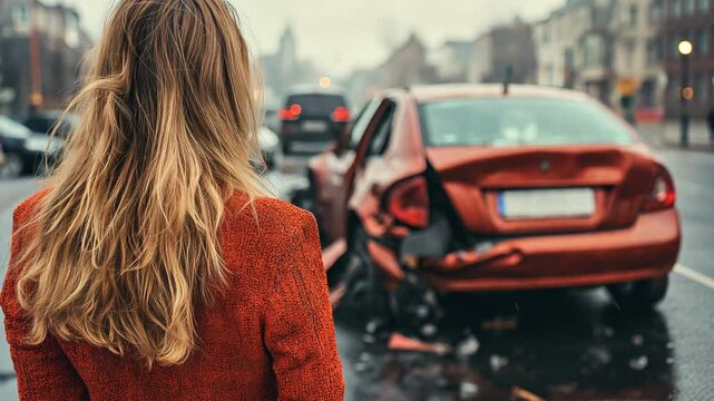 A lady in front of a vehicle that has been in an automobile accident