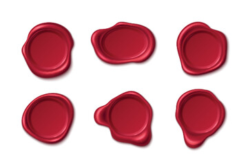 Red wax seals set isolated on white background. Vector realistic illustration of rubber stamps on old map, vintage letter, secret document or certificate, vintage warranty sign, royal emblem, award