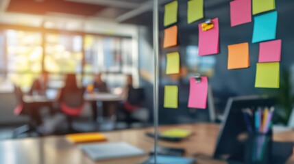 Blurred background of sticky notes in vibrant colors, representing brainstorming in an active workspace. Copy space available.