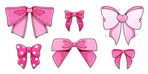Y2k style pink bows collection with vintage design elements - polka dots, lace trim, heart decoration and sparkle details. Cute kawaii ribbon shapes for retro fashion, stickers or girly accessories.