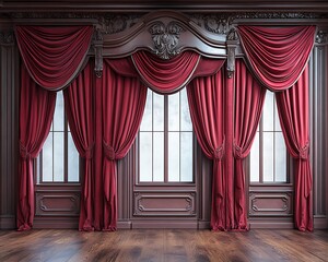 Luxurious red drapes, ornate windows, wooden room interior