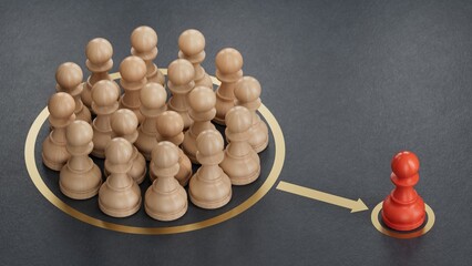 3d illustration of many pawns over golden and representing a class action or a collective redress concept.Made and rendered in C4D, not AI.
