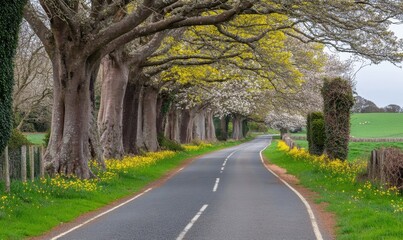 Obraz premium Serene country road lined with blooming trees and wildflowers under a cloudy sky