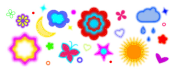 Fototapeta premium Colorful y2k shapes set - glowing neon flowers, butterfly, sun and moon, stars and hearts with blur effect. Bright retro elements collection in 2000s aesthetic with luminous gradients and soft glow.