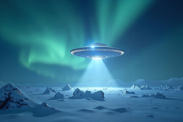 Obraz premium Mysterious UFO with Glowing Beam over Snowy Mountains under Northern Lights