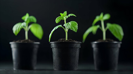 Three Young Green Seedlings in Black Pots Against Dark Background