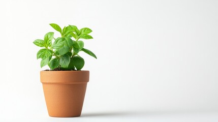 Fototapeta premium A small potted plant in a minimalist terracotta pot, isolated on a white background