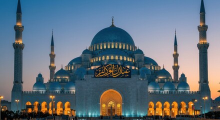 Fototapeta premium Majestic mosque illuminated at dusk with intricate architecture and serene atmosphere