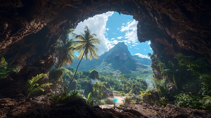 Tropical Island Cave View: Lush Green Landscape with Palm Trees and Ocean Scenery