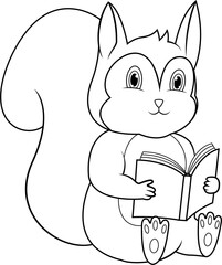 A cartoon of a squirrel reading a book line art