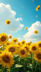 A bouquet of sunflowers falling through the air, clouds,
