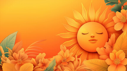 Sun with floral design on bright orange background for a background for the Spring Equinox banner