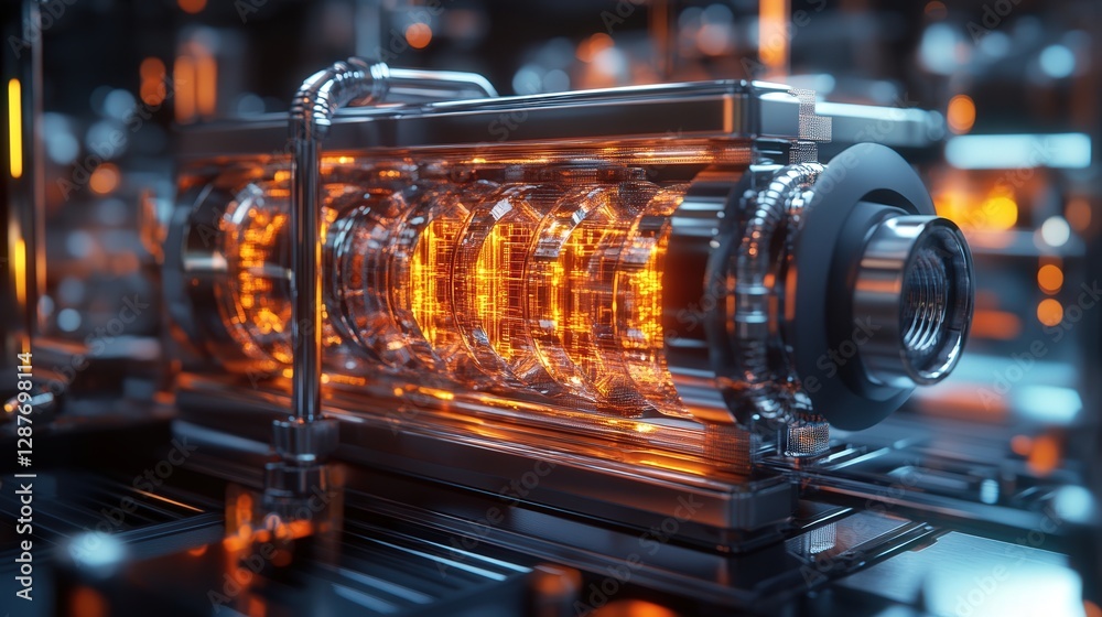 Poster futuristic quantum computer with glowing circuits and an advanced cooling system
