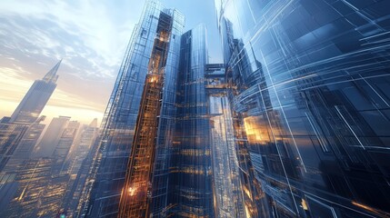 skyscraper under construction, with advanced technologies like smart glass and energy-efficient materials being installed.