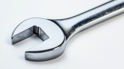A sturdy metal wrench with a polished chrome finish, isolated on a white background 