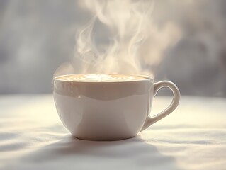 Hot, steaming coffee cup, white backdrop