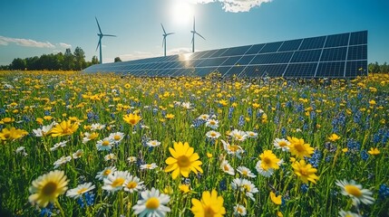 A sustainable energy farm with solar panels and wind turbines under bright