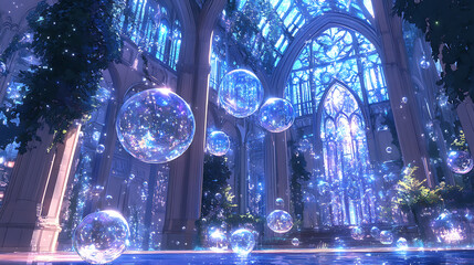 Magical Interior Scene With Bubbles Floating Amidst Shimmering Blue Light And Water Reflection