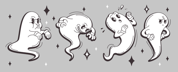 Groovy ghost characters with expressive emotions on gray backdrop. Spooky specters angry, surprised, boo frightening and upset. Retro cartoon spirits with sparkle stars for Halloween designs.