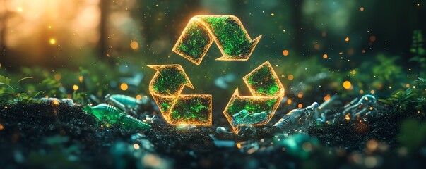 The recycle symbol prominently placed against a glowing Earth, surrounded by green landscapes and a bright, sustainable future, representing the global importance of recycling