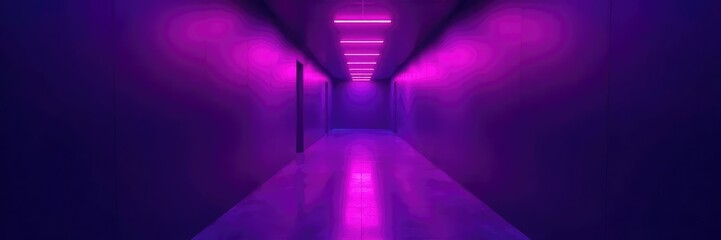 Bright violet light illuminates a long empty corridor, violet glow,, dark hall