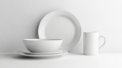 Fototapeta premium A stylish white tableware set with a minimalist design, including a plate, bowl, and mug, isolated on a white background
