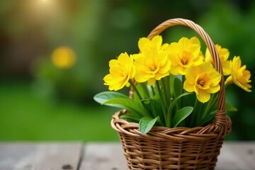 Obraz premium Bright yellow primula flowers in a woven wicker basket, garden, fresh flowers