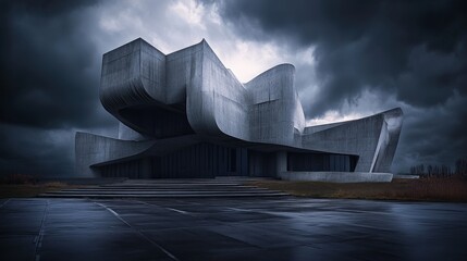 Dramatic Modern Architecture Against Dark Cloudy Sky Landscape