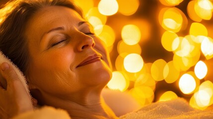 Fototapeta premium Serene Woman Relaxing A Captivating Image of a Woman Enjoying a Peaceful Moment of Self-Care and Relaxation in a Warm, Glowing Atmosphere Discover the Essence of Tranquility with this Photo