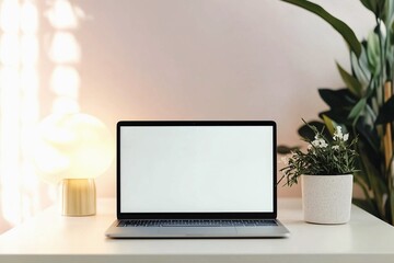 Blank laptop screen on white table with soft lighting in room