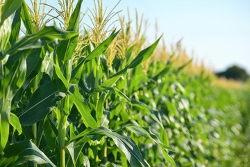 Green corn stalks standing in a bright sunny agricultural field