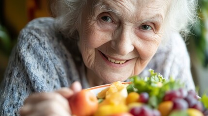 Smiling Senior Woman Enjoying Fresh Fruits and Vegetables A Portrait of Healthy Aging and Vitality Discover the Benefits of a Nutritious Diet for Elderly Individuals, Featuring Vibrant Apples
