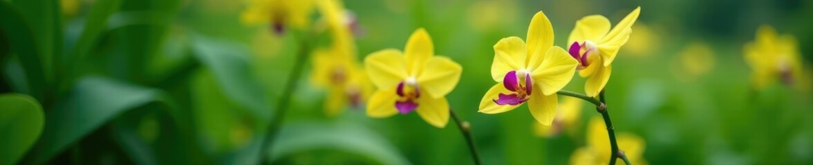Fototapeta premium Delicate yellow orchid flowers with purple hues bloom in a lush green garden, delicate, tropical