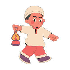 Cute muslim boy holding lentern cartoon illustration